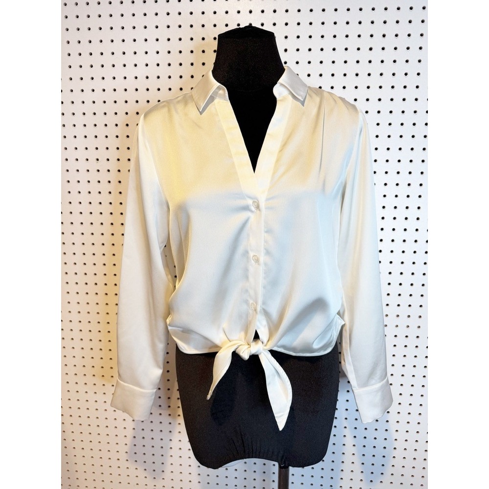 Sanctuary | Cream Satin Tie Front Long‎ Sleeve Cropped Blouse CB2245AX5 Small